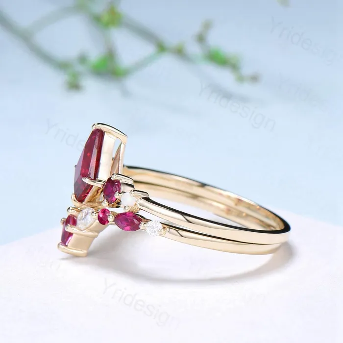 PENFINE Rings Vintage Kite Fire Opal Engagement Ring Set White Opal Ruby Wedding ring Set Art Deco Anniversary Gift 2Pcs 14K Yellow Gold Bride Set Women