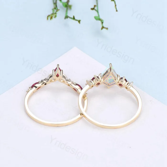 PENFINE Rings Vintage Kite Fire Opal Engagement Ring Set White Opal Ruby Wedding ring Set Art Deco Anniversary Gift 2Pcs 14K Yellow Gold Bride Set Women
