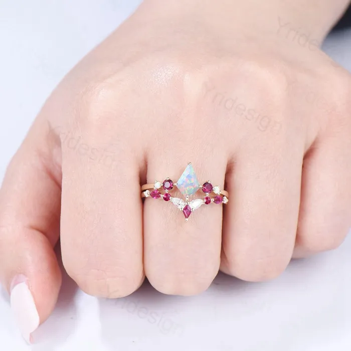 PENFINE Rings Vintage Kite Fire Opal Engagement Ring Set White Opal Ruby Wedding ring Set Art Deco Anniversary Gift 2Pcs 14K Yellow Gold Bride Set Women