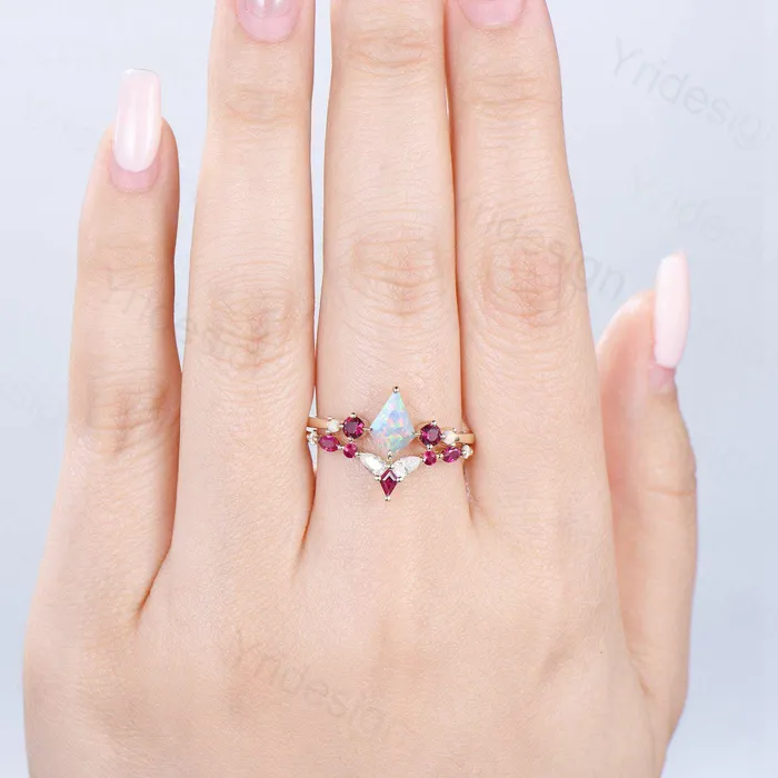 PENFINE Rings Vintage Kite Fire Opal Engagement Ring Set White Opal Ruby Wedding ring Set Art Deco Anniversary Gift 2Pcs 14K Yellow Gold Bride Set Women