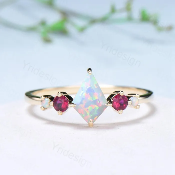 PENFINE Rings Vintage Kite Fire Opal Engagement Ring Set White Opal Ruby Wedding ring Set Art Deco Anniversary Gift 2Pcs 14K Yellow Gold Bride Set Women