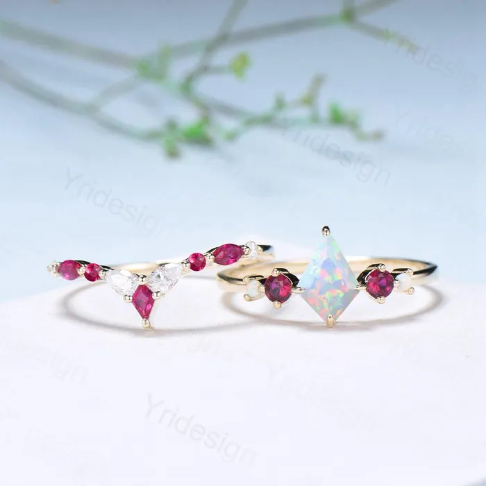 PENFINE Rings Vintage Kite Fire Opal Engagement Ring Set White Opal Ruby Wedding ring Set Art Deco Anniversary Gift 2Pcs 14K Yellow Gold Bride Set Women