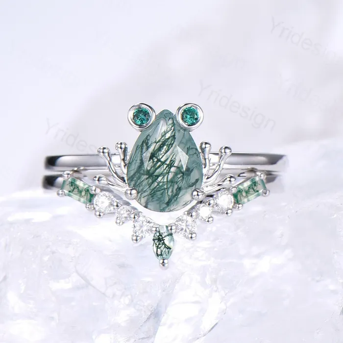 PENFINE Unique moss agate engagement ring set Frog animal inspired green agate wedding set women pear shaped bridal set anniversary ring for girl Rings PENFINE Unique moss agate engagement ring set Frog animal inspired green agate wedding set women pear shaped bridal set anniversary ring for girl Rings