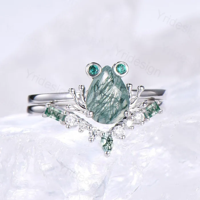 PENFINE Unique moss agate engagement ring set Frog animal inspired green agate wedding set women pear shaped bridal set anniversary ring for girl Rings