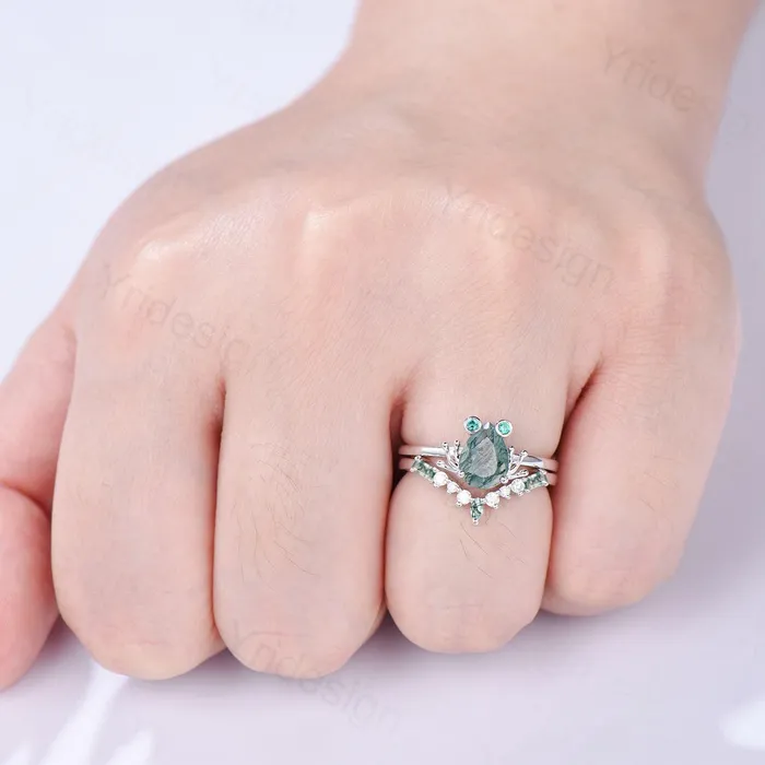 PENFINE Unique moss agate engagement ring set Frog animal inspired green agate wedding set women pear shaped bridal set anniversary ring for girl Rings