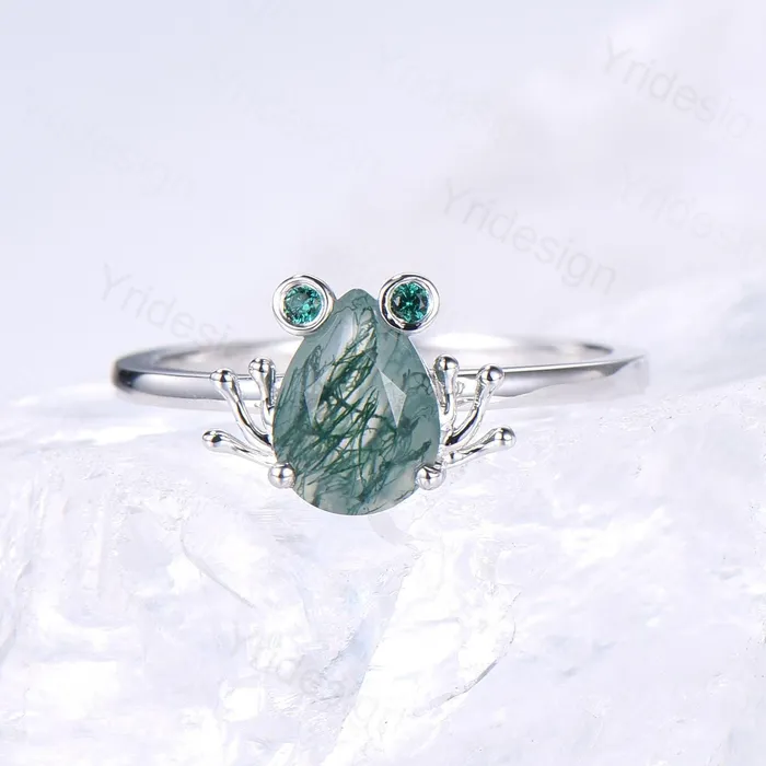 PENFINE Unique moss agate engagement ring set Frog animal inspired green agate wedding set women pear shaped bridal set anniversary ring for girl Rings