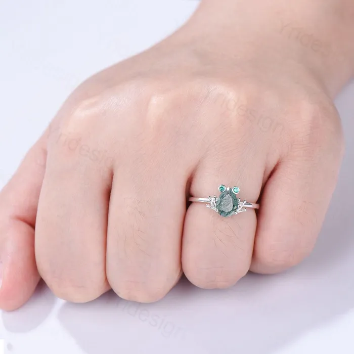 PENFINE Unique moss agate engagement ring set Frog animal inspired green agate wedding set women pear shaped bridal set anniversary ring for girl Rings