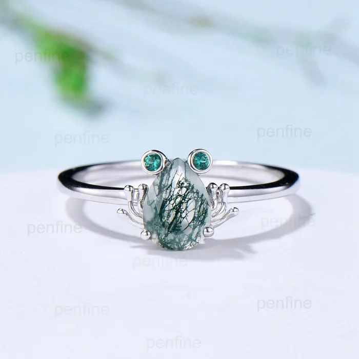 PENFINE Unique moss agate engagement ring set Frog animal inspired green agate wedding set women pear shaped bridal set anniversary ring for girl Rings