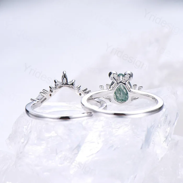 PENFINE Unique moss agate engagement ring set Frog animal inspired green agate wedding set women pear shaped bridal set anniversary ring for girl Rings