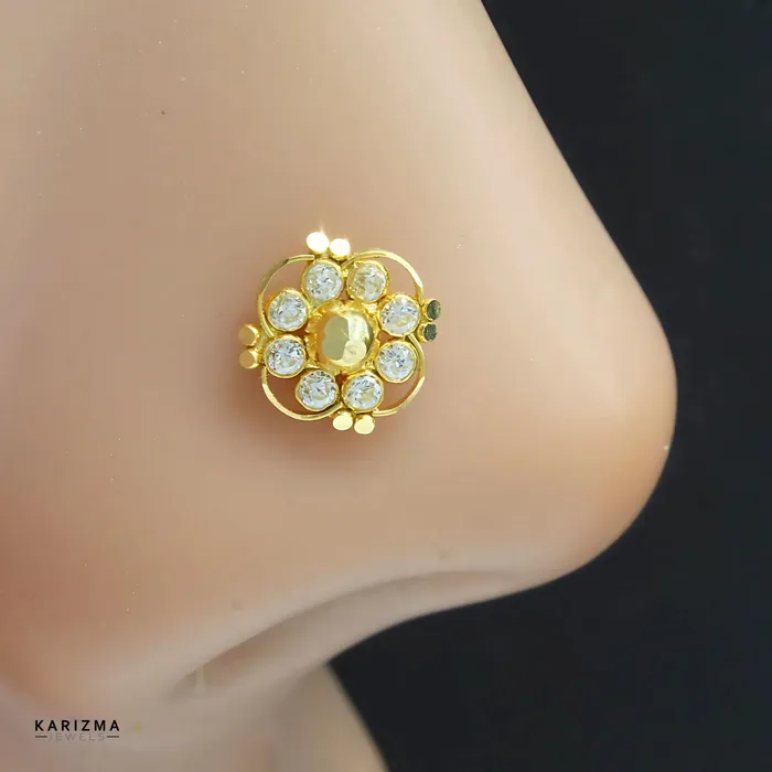Rings Karizma Jewels 18K Real Gold Indian Women White CZ Floral Excellent gifting Nose stud nose ring Push Pin