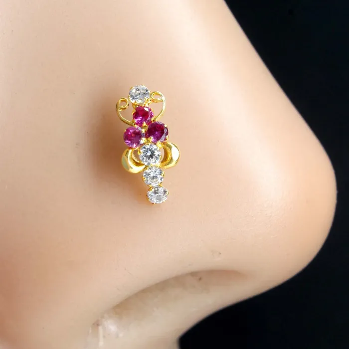 Rings Karizma Jewels 18K Real Gold Women Pink White CZ Nose stud nose ring Push Pin Rings Karizma Jewels 18K Real Gold Women Pink White CZ Nose stud nose ring Push Pin