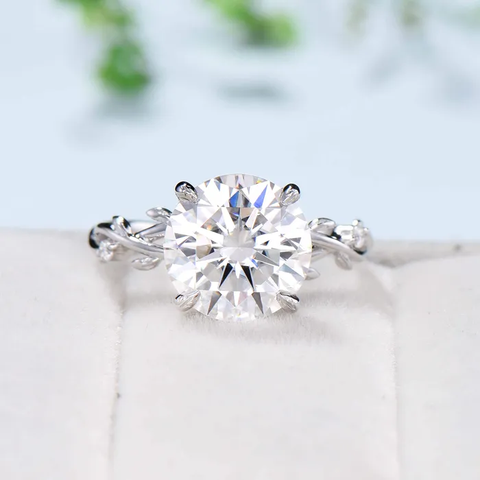 Rings PENFINE 10mm Round Brilliant Moissanite ring Leaf Branch Big 4CT Moissanite Engagement Ring 18K White Gold Nature Inspired Unique Twig Wedding Ring