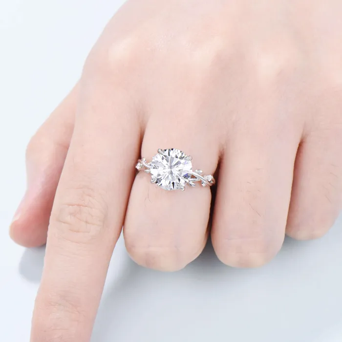 Rings PENFINE 10mm Round Brilliant Moissanite ring Leaf Branch Big 4CT Moissanite Engagement Ring 18K White Gold Nature Inspired Unique Twig Wedding Ring