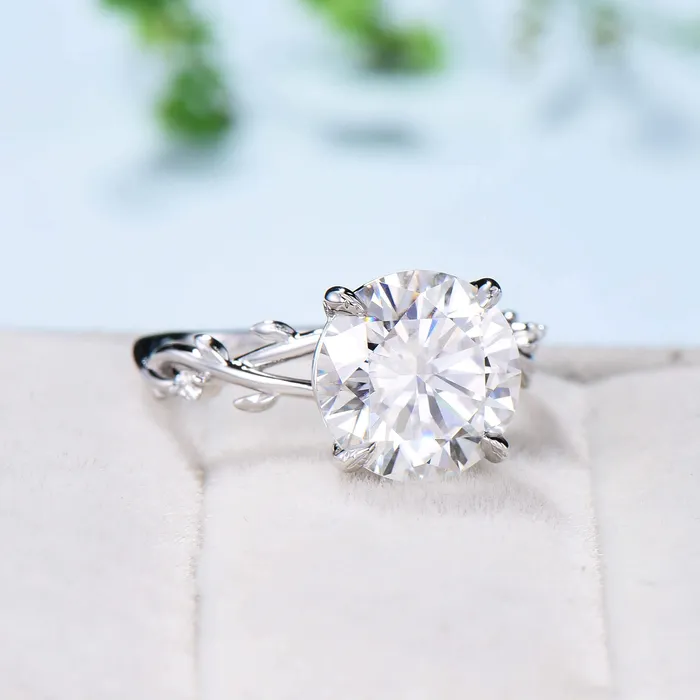 Rings PENFINE 10mm Round Brilliant Moissanite ring Leaf Branch Big 4CT Moissanite Engagement Ring 18K White Gold Nature Inspired Unique Twig Wedding Ring