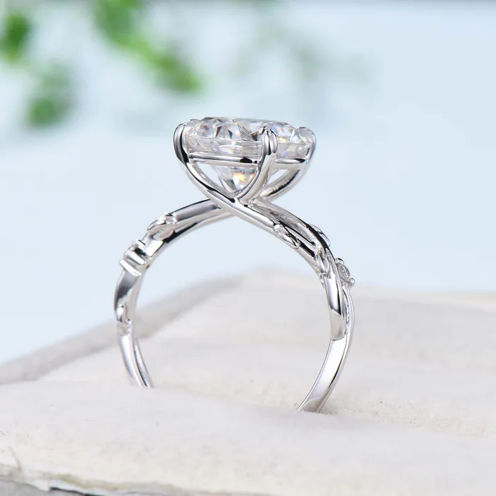 Rings PENFINE 10mm Round Brilliant Moissanite ring Leaf Branch Big 4CT Moissanite Engagement Ring 18K White Gold Nature Inspired Unique Twig Wedding Ring