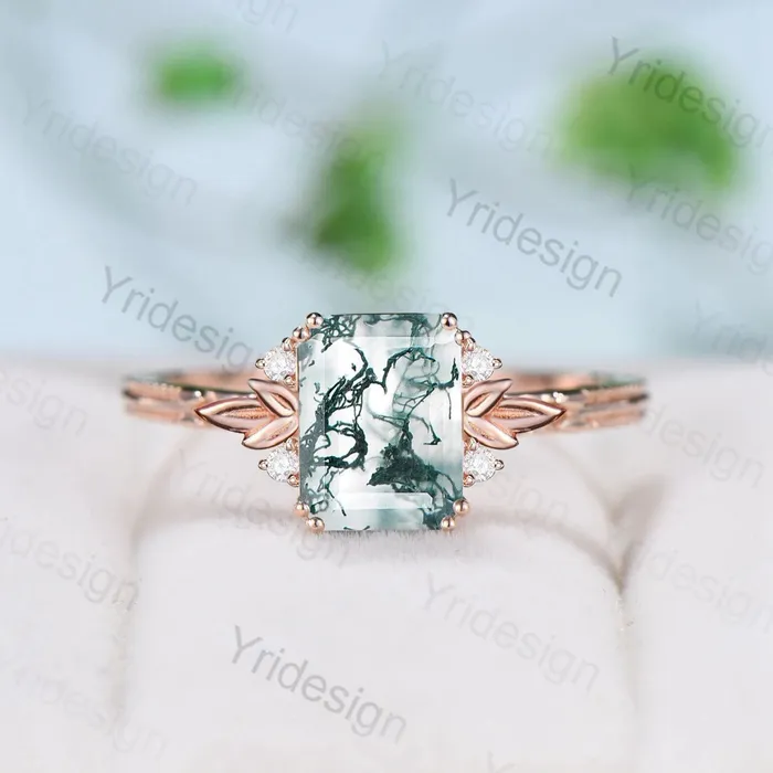 Rings PENFINE Emerald Cut Moss Agate Diamond Ring Rose Gold Leaves Inspired Green Agate Engagement Ring Cluster Moissanite Anniversary Ring for Women Rings PENFINE Emerald Cut Moss Agate Diamond Ring Rose Gold Leaves Inspired Green Agate Engagement Ring Cluster Moissanite Anniversary Ring for Women