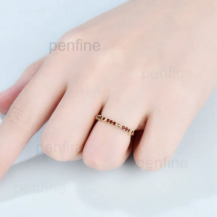 Rings PENFINE Garnet wedding band for women Solid 10k 14k 18k yellow gold stacking ring for her Art deco marquise cut garnet womens wedding band