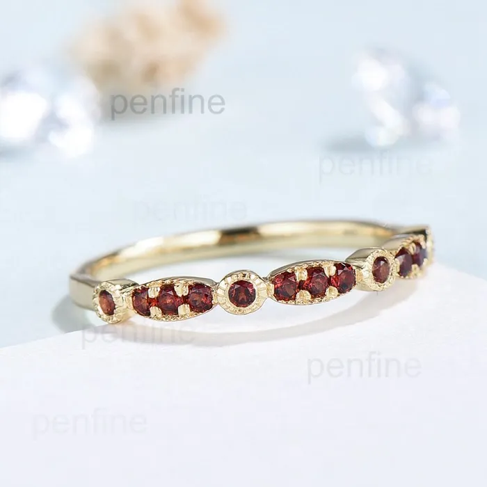 Rings PENFINE Garnet wedding band for women Solid 10k 14k 18k yellow gold stacking ring for her Art deco marquise cut garnet womens wedding band