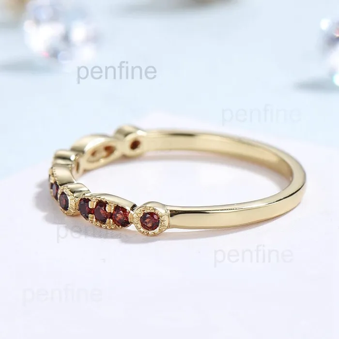 Rings PENFINE Garnet wedding band for women Solid 10k 14k 18k yellow gold stacking ring for her Art deco marquise cut garnet womens wedding band