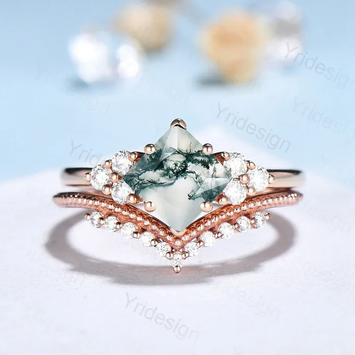 Rings PENFINE Princess Cut Moss Agate Ring 14K Rose Gold 2CT Vintage Moss Agate engagement Ring Set Unique Art Deco Moissanite Bridal Ring For Women Rings PENFINE Princess Cut Moss Agate Ring 14K Rose Gold 2CT Vintage Moss Agate engagement Ring Set Unique Art Deco Moissanite Bridal Ring For Women
