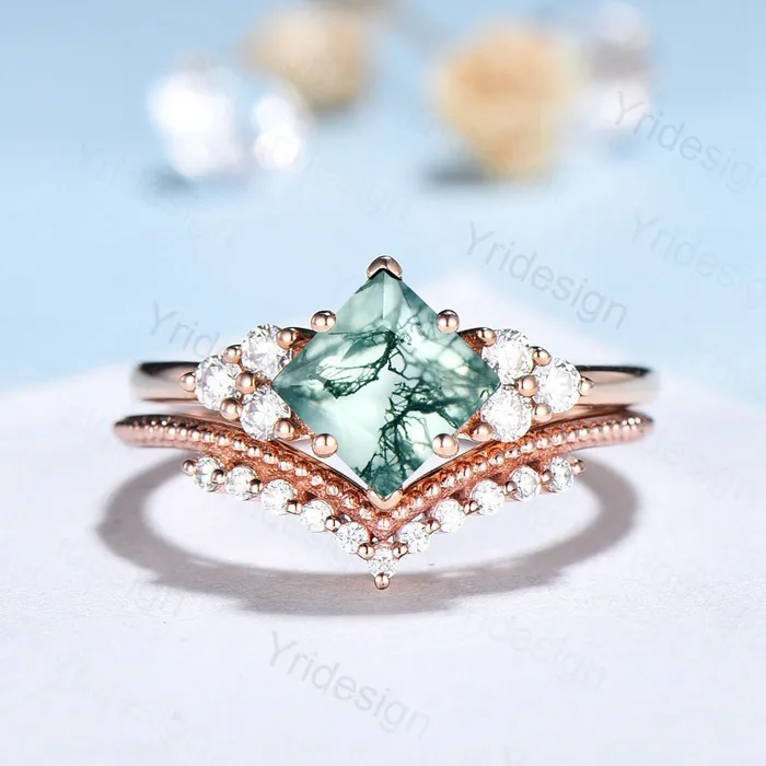 Rings PENFINE Princess Cut Moss Agate Ring 14K Rose Gold 2CT Vintage Moss Agate engagement Ring Set Unique Art Deco Moissanite Bridal Ring For Women