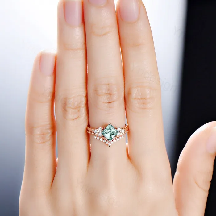 Rings PENFINE Princess Cut Moss Agate Ring 14K Rose Gold 2CT Vintage Moss Agate engagement Ring Set Unique Art Deco Moissanite Bridal Ring For Women