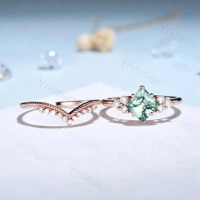 Rings PENFINE Princess Cut Moss Agate Ring 14K Rose Gold 2CT Vintage Moss Agate engagement Ring Set Unique Art Deco Moissanite Bridal Ring For Women