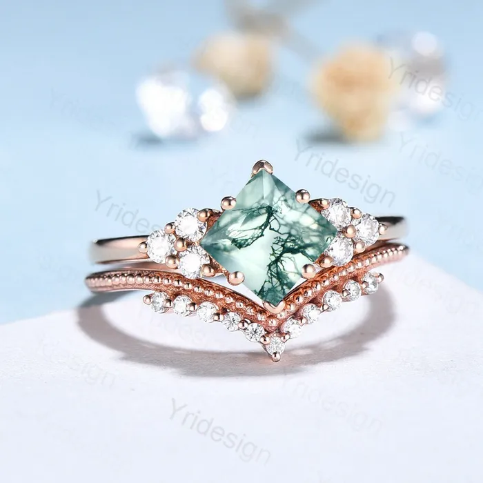 Rings PENFINE Princess Cut Moss Agate Ring 14K Rose Gold 2CT Vintage Moss Agate engagement Ring Set Unique Art Deco Moissanite Bridal Ring For Women
