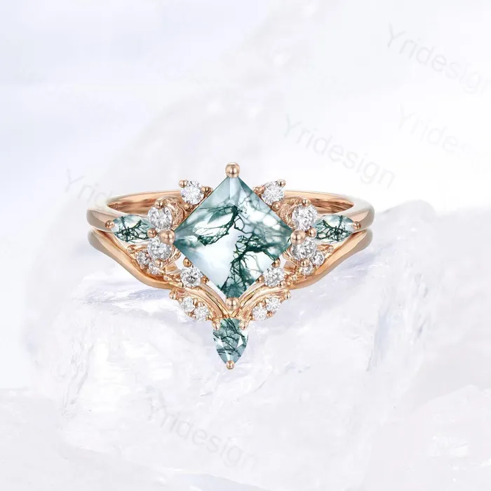 Rings PENFINE Princess Cut Nature Green Moss Agate Engagement Ring 14K Rose Gold Cluster Bridal Ring Set Unique Art Deco Moissanite Bridal Ring For Women