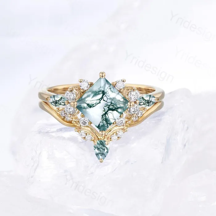 Rings PENFINE Princess Cut Nature Green Moss Agate Engagement Ring 14K Rose Gold Cluster Bridal Ring Set Unique Art Deco Moissanite Bridal Ring For Women