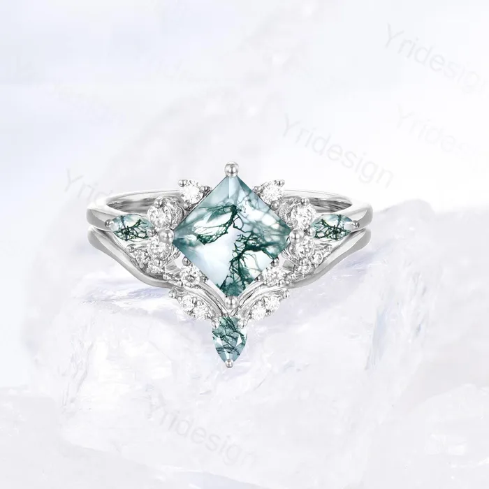 Rings PENFINE Princess Cut Nature Green Moss Agate Engagement Ring 14K Rose Gold Cluster Bridal Ring Set Unique Art Deco Moissanite Bridal Ring For Women