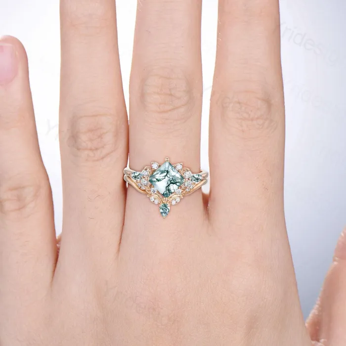 Rings PENFINE Princess Cut Nature Green Moss Agate Engagement Ring 14K Rose Gold Cluster Bridal Ring Set Unique Art Deco Moissanite Bridal Ring For Women