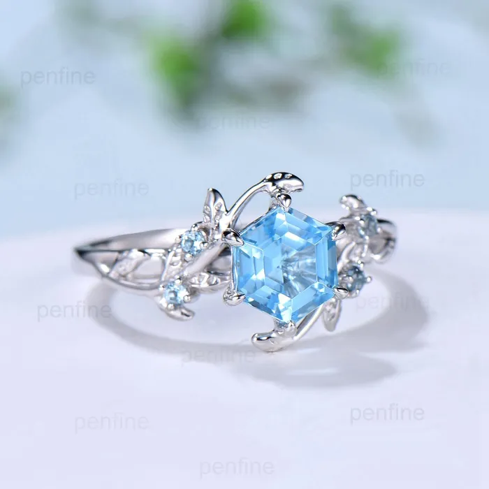 Rings PENFINE Twig Vine Swiss Blue Topaz Ring Vintage Hexagon cut Leaf light blue topaz engagement ring branch Natural Inspired November birthstone ring Rings PENFINE Twig Vine Swiss Blue Topaz Ring Vintage Hexagon cut Leaf light blue topaz engagement ring branch Natural Inspired November birthstone ring