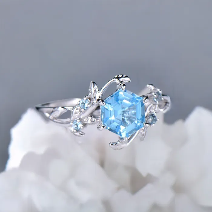 Rings PENFINE Twig Vine Swiss Blue Topaz Ring Vintage Hexagon cut Leaf light blue topaz engagement ring branch Natural Inspired November birthstone ring