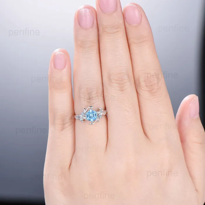 Rings PENFINE Twig Vine Swiss Blue Topaz Ring Vintage Hexagon cut Leaf light blue topaz engagement ring branch Natural Inspired November birthstone ring