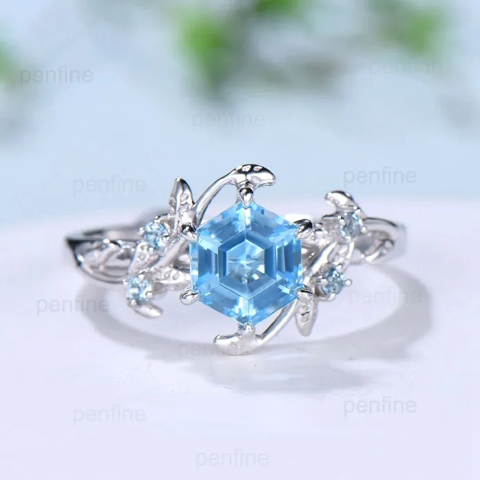 Rings PENFINE Twig Vine Swiss Blue Topaz Ring Vintage Hexagon cut Leaf light blue topaz engagement ring branch Natural Inspired November birthstone ring