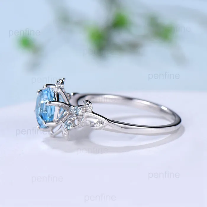Rings PENFINE Twig Vine Swiss Blue Topaz Ring Vintage Hexagon cut Leaf light blue topaz engagement ring branch Natural Inspired November birthstone ring