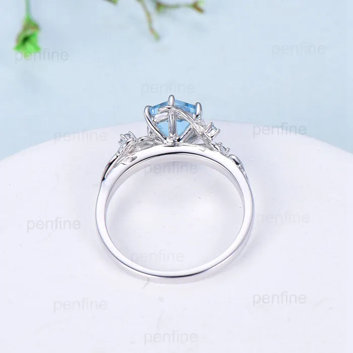 Rings PENFINE Twig Vine Swiss Blue Topaz Ring Vintage Hexagon cut Leaf light blue topaz engagement ring branch Natural Inspired November birthstone ring