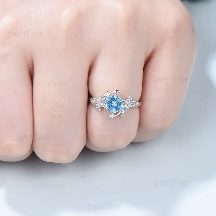 Rings PENFINE Twig Vine Swiss Blue Topaz Ring Vintage Hexagon cut Leaf light blue topaz engagement ring branch Natural Inspired November birthstone ring