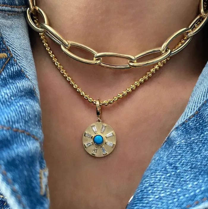 Shylee Rose Jewelry Charm Necklaces Turquoise Evil Eye With Baguette Ray Disc Charm
