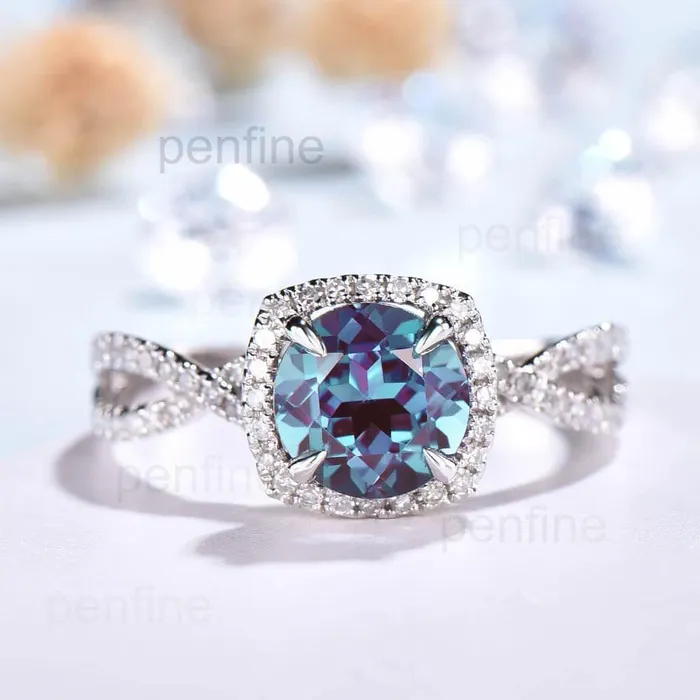 Twisted Alexandrite Halo Diamond Engagement Ring Round Cut PENFINE Rings Twisted Alexandrite Halo Diamond Engagement Ring Round Cut PENFINE Rings