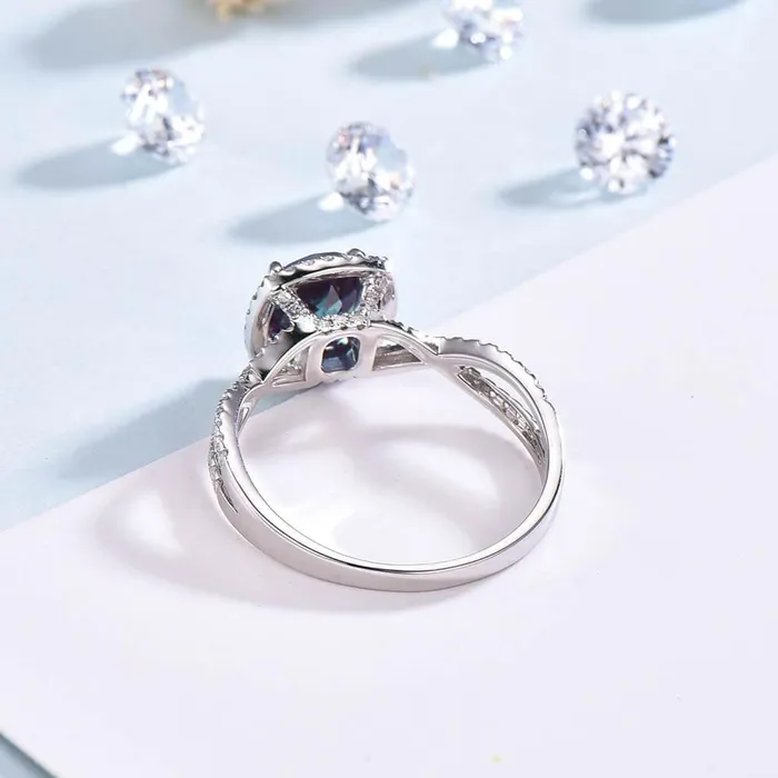 Twisted Alexandrite Halo Diamond Engagement Ring Round Cut PENFINE Rings