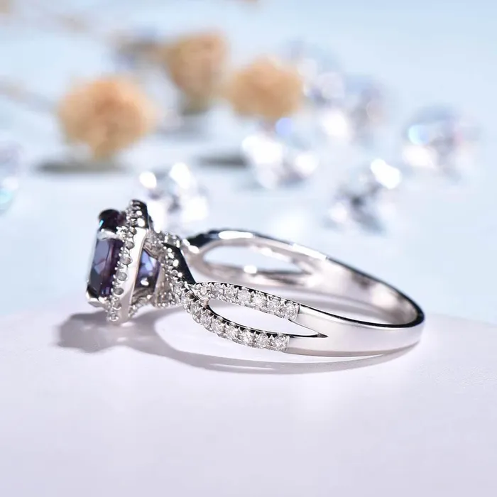 Twisted Alexandrite Halo Diamond Engagement Ring Round Cut PENFINE Rings