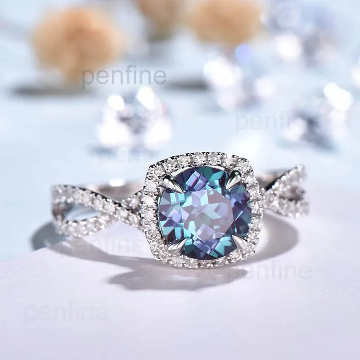 Twisted Alexandrite Halo Diamond Engagement Ring Round Cut PENFINE Rings