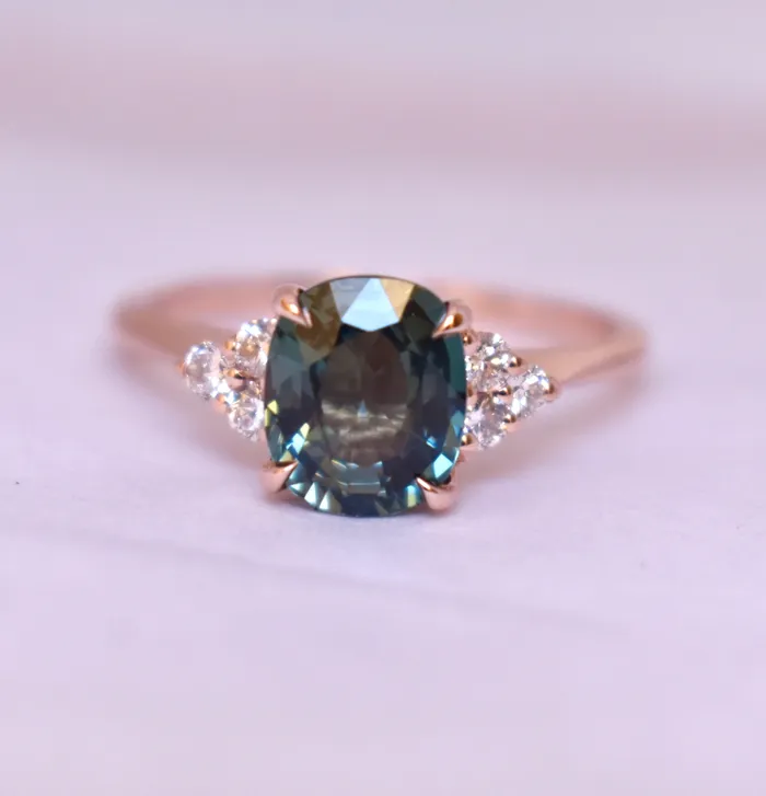 2 ct Oval Teal Sapphire and Diamond Engagement Ring 14K Rose Gold Blue Green Sapphire Ring Albrecht Jewellery Rings