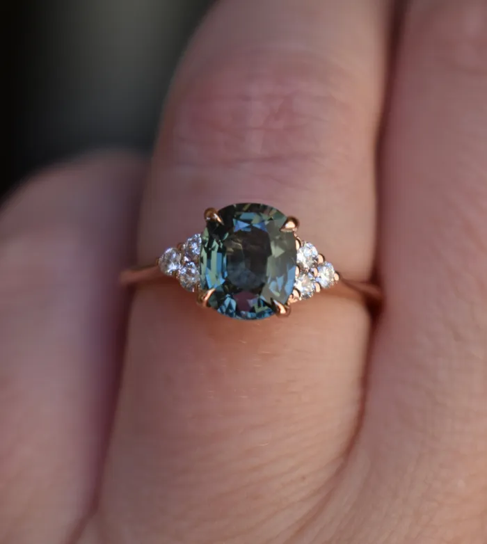 2 ct Oval Teal Sapphire and Diamond Engagement Ring 14K Rose Gold Blue Green Sapphire Ring Albrecht Jewellery Rings