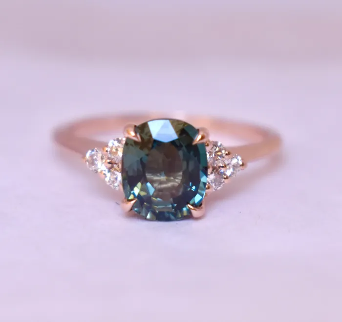 2 ct Oval Teal Sapphire and Diamond Engagement Ring 14K Rose Gold Blue Green Sapphire Ring Albrecht Jewellery Rings