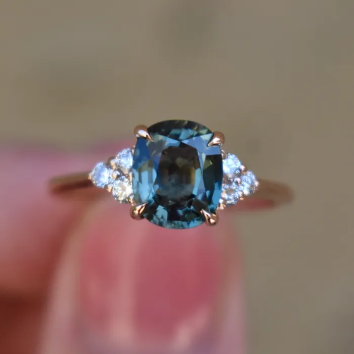 2 ct Oval Teal Sapphire and Diamond Engagement Ring 14K Rose Gold Blue Green Sapphire Ring Albrecht Jewellery Rings
