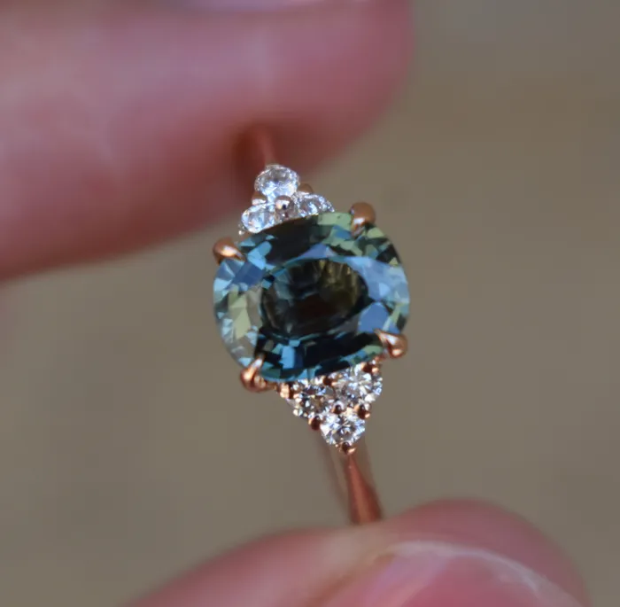 2 ct Oval Teal Sapphire and Diamond Engagement Ring 14K Rose Gold Blue Green Sapphire Ring Albrecht Jewellery Rings
