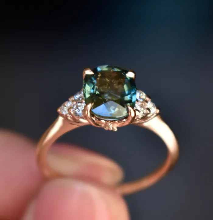 2 ct Oval Teal Sapphire and Diamond Engagement Ring 14K Rose Gold Blue Green Sapphire Ring Albrecht Jewellery Rings